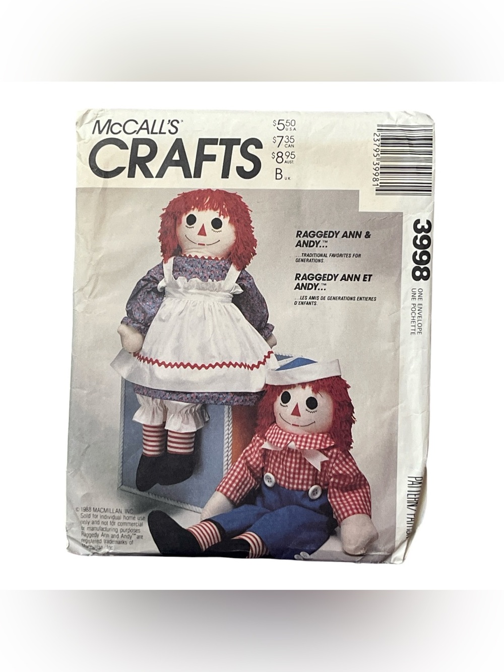 Vintage McCall's Crafts 3988 Raggedy Ann & Andy Doll Pattern 1988 UNCUT Complete